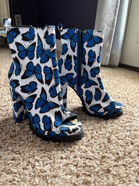Doll’s Kill Blue Butterfly Print Peep-Toe Platform Booties - Women's